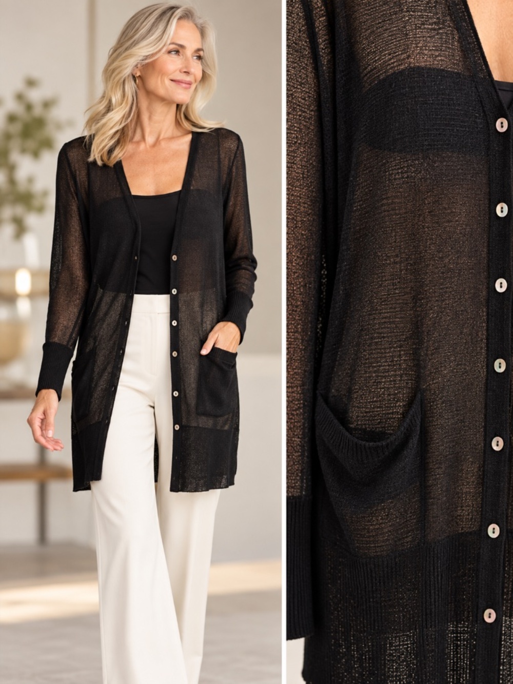 Eileen Fisher Black Nylon Blend Semi-sheer V-neck Mid-Length Cardigan Size S